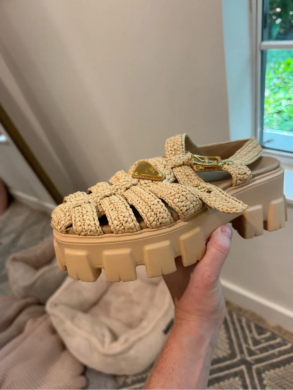 Prada Woven Beige Fisherman Sandals with Gold Hardware